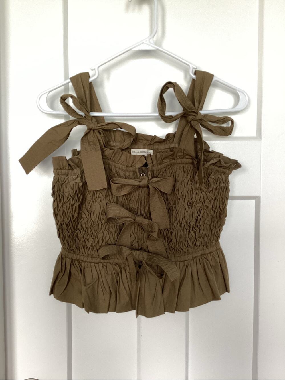 Ulla Johnson Mockingbow Smocked Top - Green/Brown Size 4 bow Details